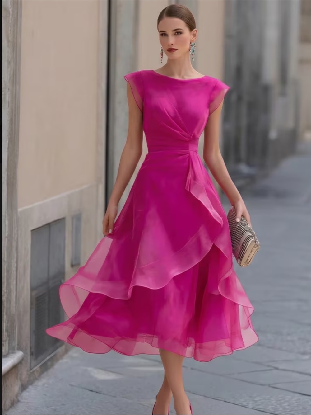 Fuchsia Pink Tiered Midi Dress